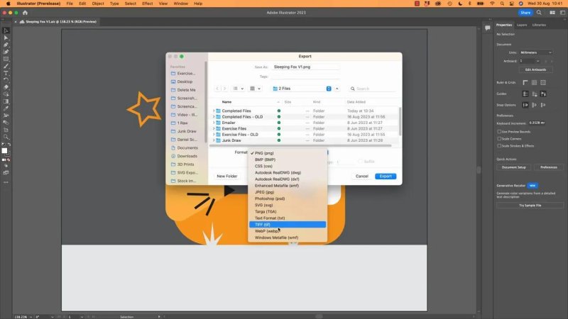 Adobe Illustrator Export dialog box showing the file format drop-down menu expanded with PNG selected.