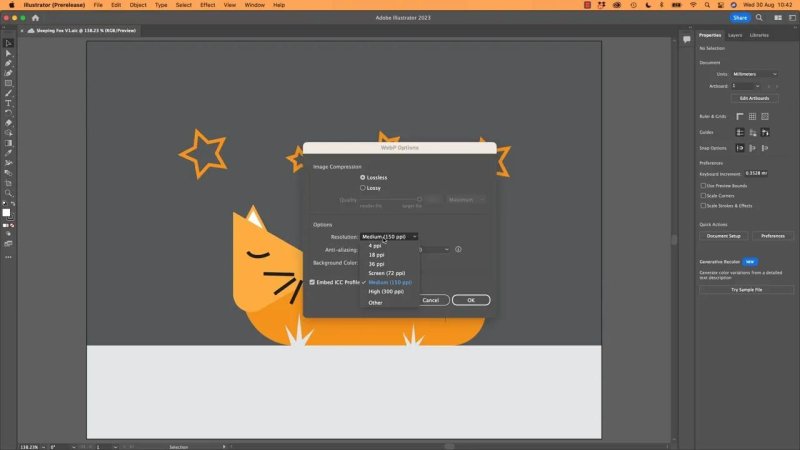 Adobe Illustrator WebP Options dialog box showing the Resolution drop-down menu with Medium (150 ppi) highlighted.