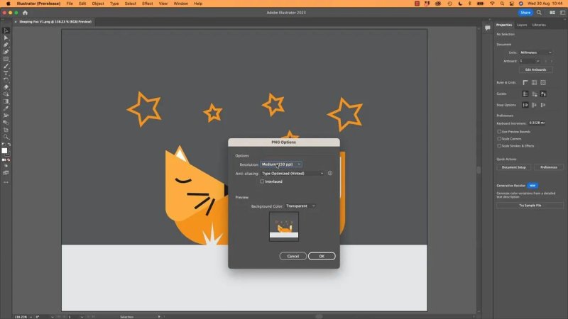 Adobe Illustrator PNG Options dialog box displaying resolution settings and a preview thumbnail with a transparent background.