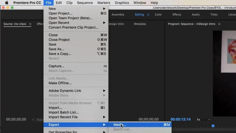 Premiere Pro interface navigating through the File > Export menu to select Media...