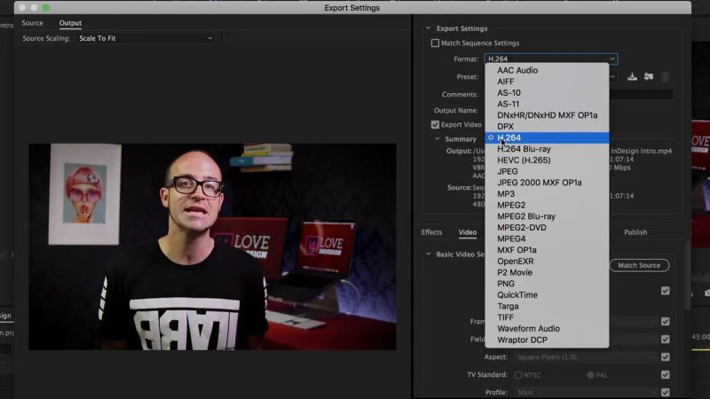 Premiere Pro Export Settings dialog box opening the Format dropdown menu and selecting H.264.