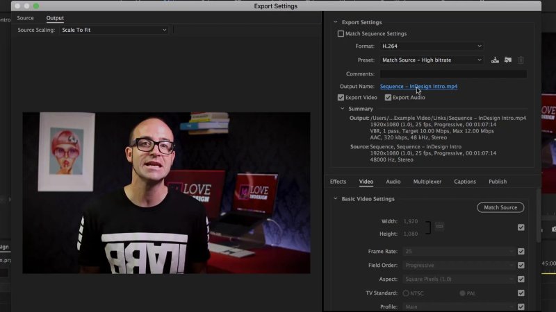 Premiere Pro Export Settings window showing the H.264 format, Match Source - High bitrate preset, and clicking the blue Output Name link to define file naming and destination.
