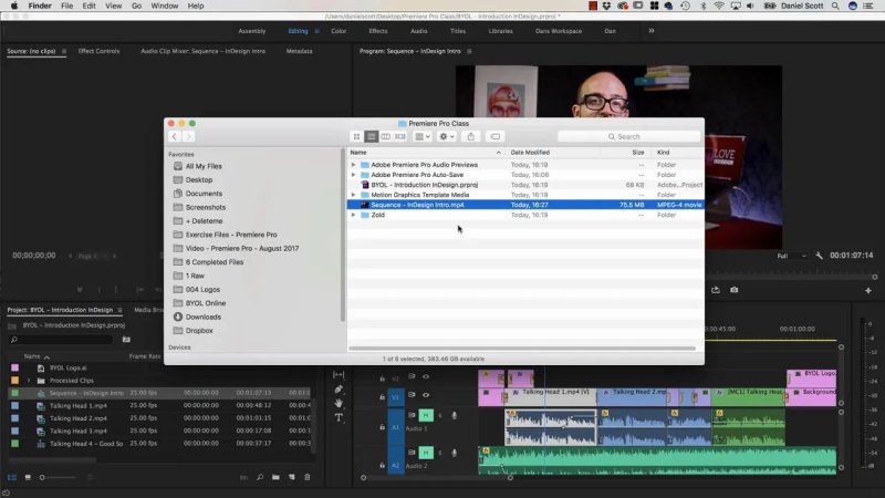macOS Finder window confirming the successfully rendered MP4 video file located in the project directory over the Premiere Pro workspace.
