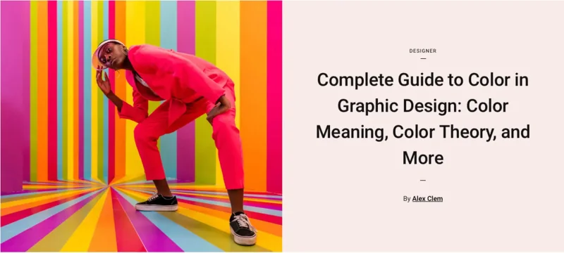 Screenshot of an article introduction with a person in bright clothing posing on rainbow background on the left and the article title on the right