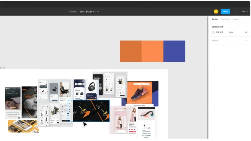 Screenshot of Figma with a mood board and colored swatches.