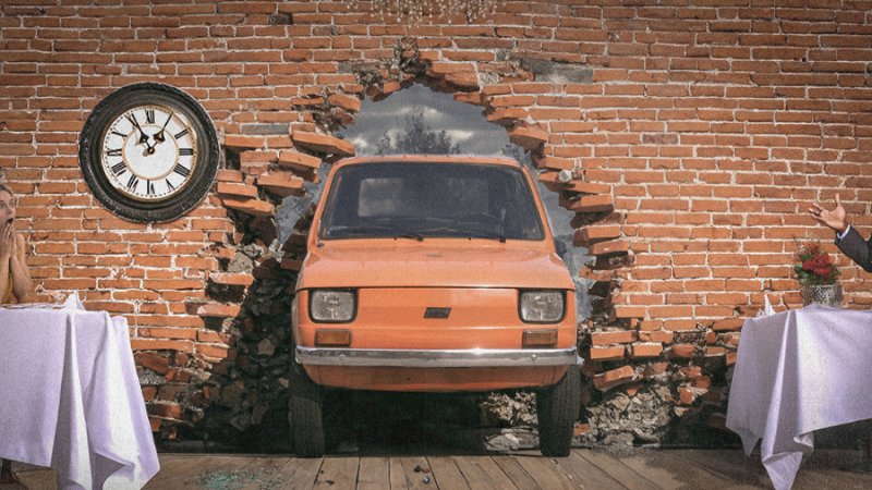 A an ad for Fiat where the car breaks through a brick wall