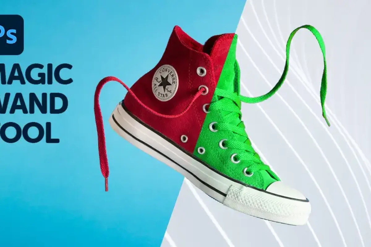 picture of a half red half green converse sneaker with the photoshop logo and the text magic wand tool