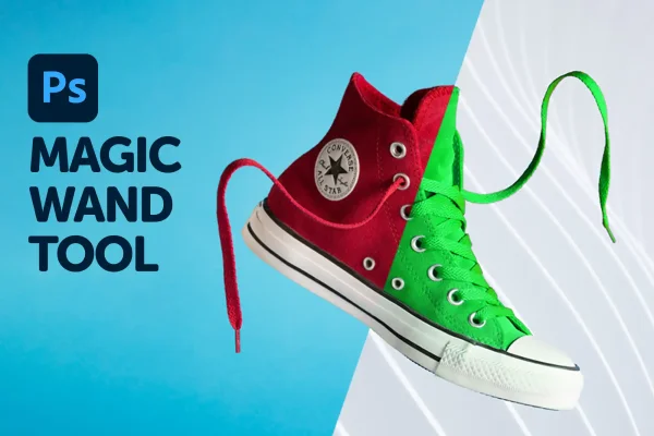 picture of a half red half green converse sneaker with the photoshop logo and the text magic wand tool