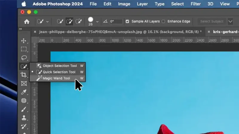 Arrow pointing to Magic Wand tool in Photoshop