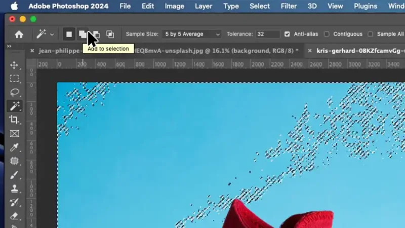 Arrow pointing to Add to Selection icon in Photoshop