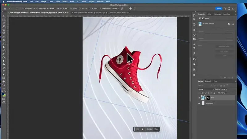 Red shoe on white background with curvy lines