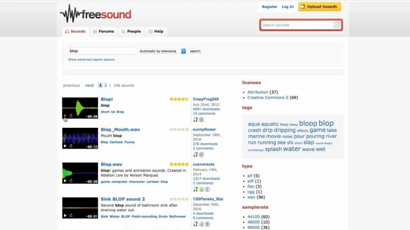 The Freesound website interface displaying audio search results for the term 
