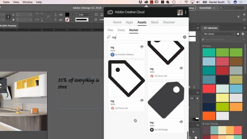 dobe Creative Cloud desktop app open over InDesign, searching the CC Market assets for 