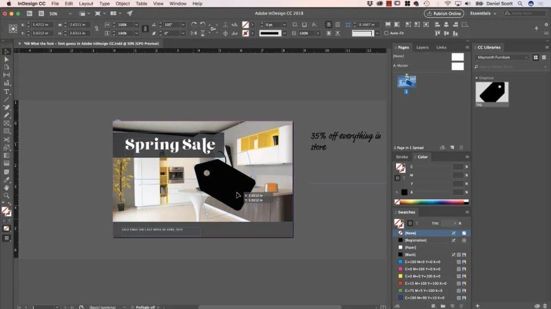 InDesign layout showing a black vector price tag placed onto a 