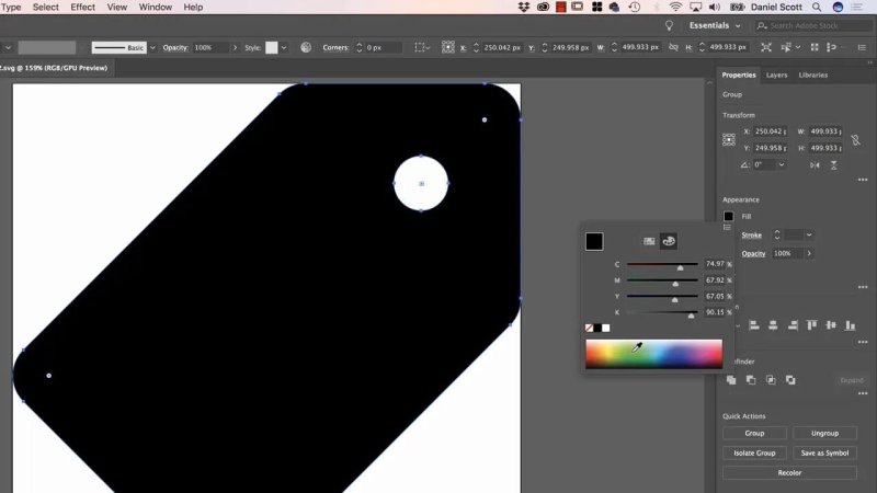 Adobe Illustrator workspace editing the downloaded black price tag SVG graphic with the Color panel open.