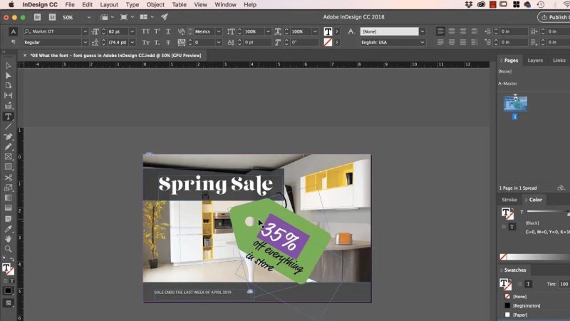 InDesign document showing a green price tag graphic with tilted text reading 