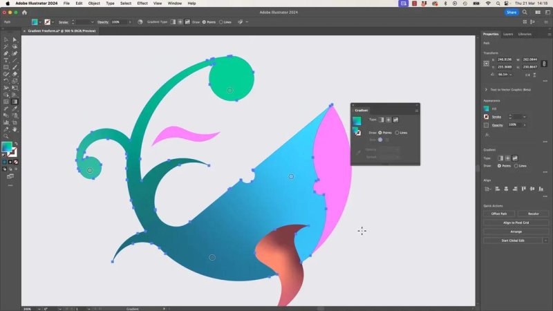 Adobe Illustrator workspace showing complex organic flourishes filled with freeform gradients, demonstrating multiple active color stop points blending blues, greens, and pinks across a single shape.