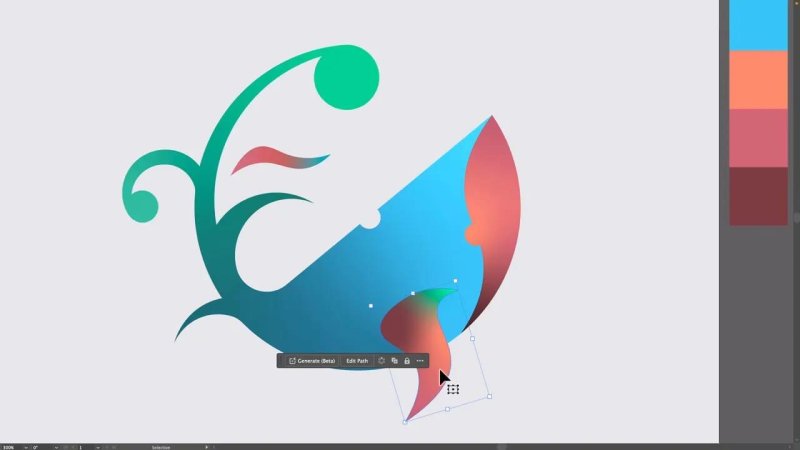 The finalized vector illustration in Adobe Illustrator, showcasing smooth, organic color transitions created with Freeform Gradients alongside a custom color palette block layout on the canvas side.
