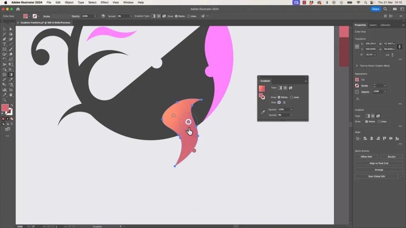 The Freeform Gradient tool applied to a vector shape in Adobe Illustrator, showing interactive color stop stops distributed across the path geometry with the Gradient options panel active.