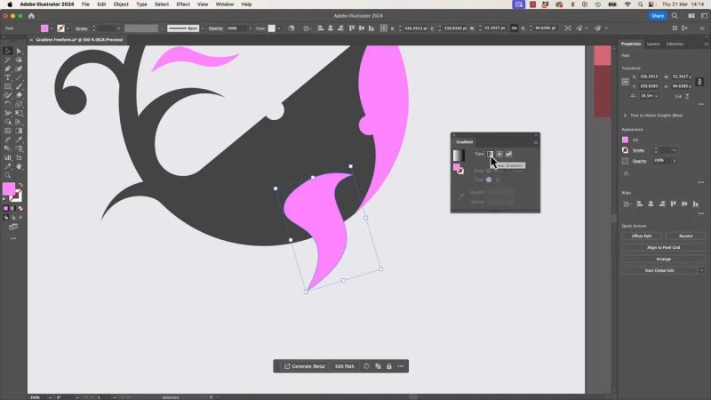 Adobe Illustrator 2024 workspace showing a single pink vector shape selected against a gray backdrop, with the cursor clicking the Freeform Gradient icon inside the Gradient panel to initiate multi-point color shading.