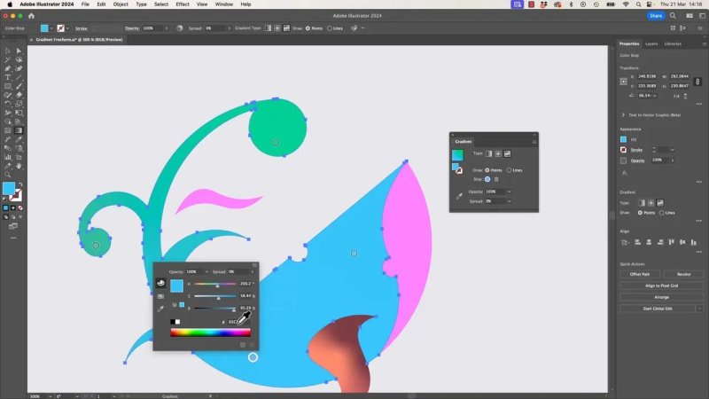 The floating color picker panel open over a Freeform Gradient point in Adobe Illustrator, demonstrating how to sample a precise light blue hue to alter a local color blend stop.