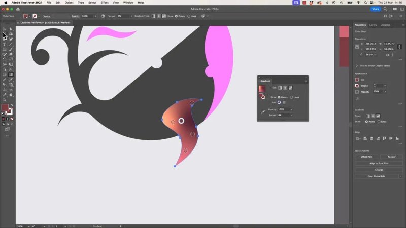 A close-up view of the Freeform Gradient tool in Adobe Illustrator as a specific color stop handle is modified to a dark earthy tone, building dimensional shadows along the curve of the vector path.