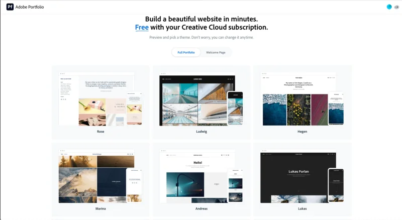 Screenshot of Adobe Portfolio website templates