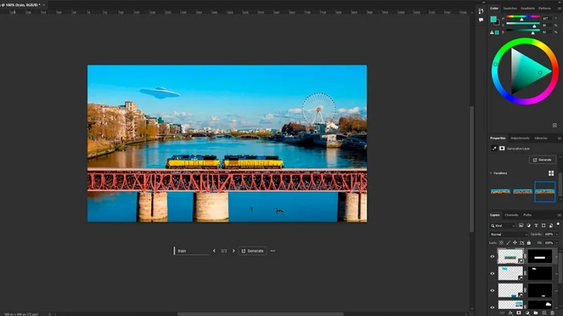 A photo of a river with a bridge and train in adobe photoshop