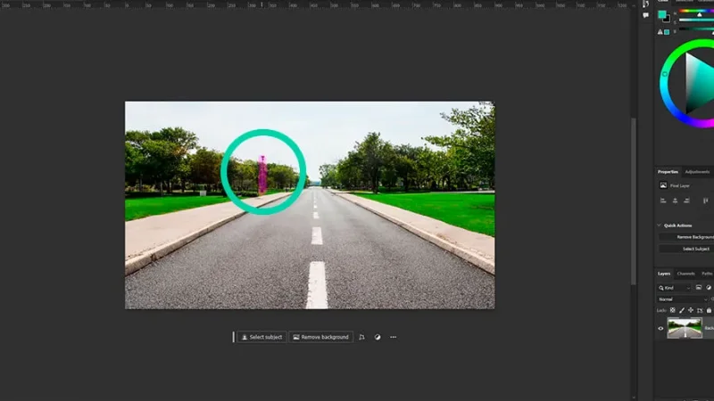 A photo of a two lane road with a lamp post circled in adobe photoshop