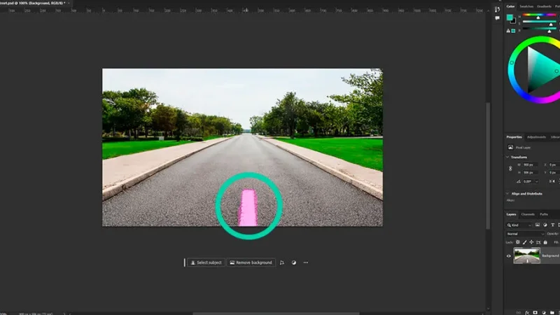 A photo of a two lane road with a white line circled in adobe photoshop