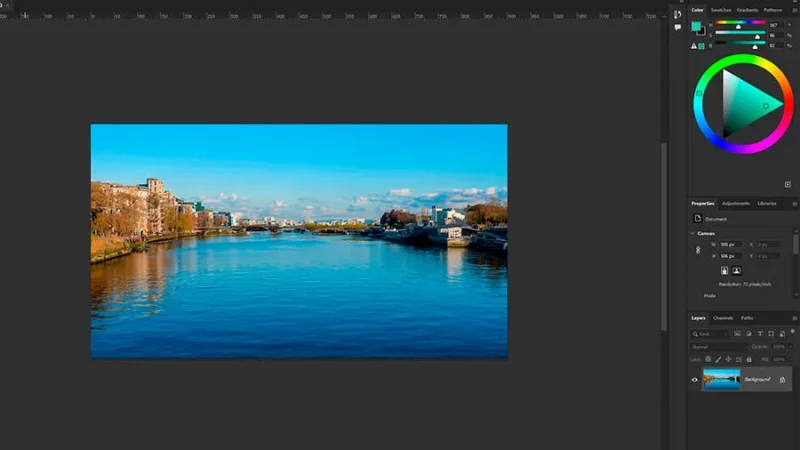 A photo of an AI generated riverside town in adobe photoshop