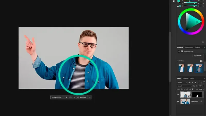 A photo of a man and his t-shirt is circled in adobe photoshop