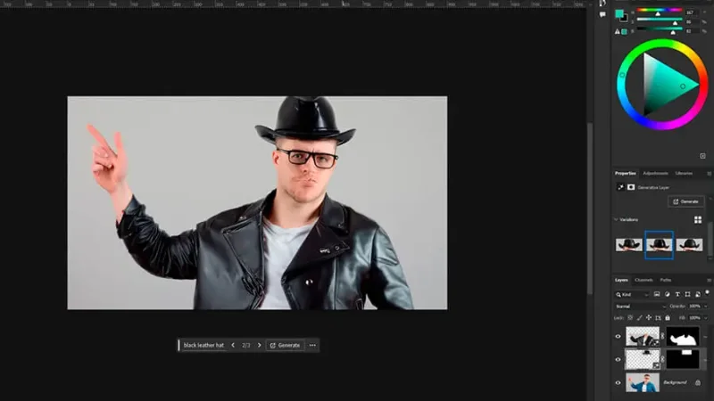A photo of a man in a black leather jacket and black hat  in adobe photoshop