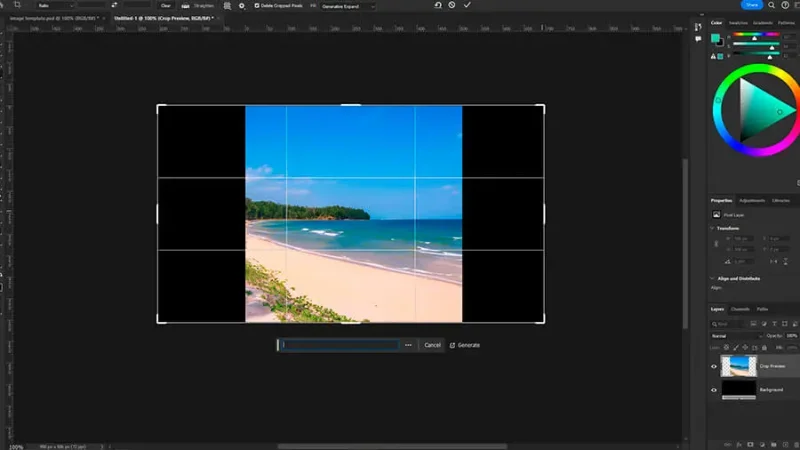 A photo of a beach with grid lines over it in adobe photoshop