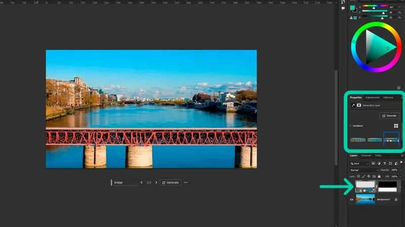 A photo of a river with a bridge in adobe photoshop
