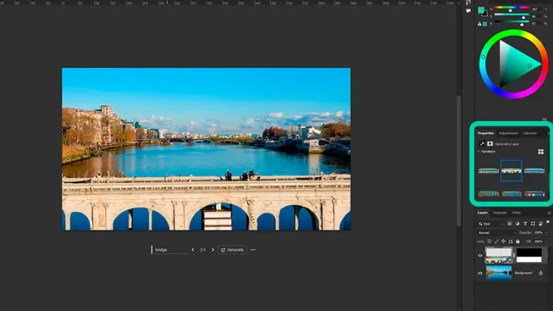 A photo of a river with a stone bridge in adobe photoshop
