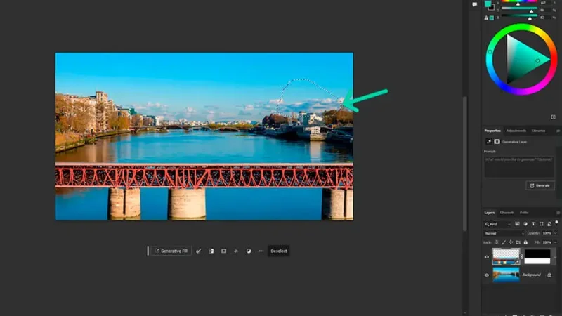 A photo of a river with a bridge and an amusement park in adobe photoshop