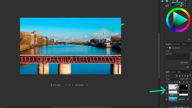 A photo of a riverside town with a ferris wheel in the background in adobe photoshop