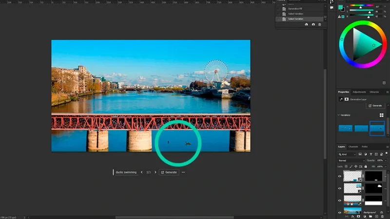 A photo of a river with a bridge and two ducks in adobe photoshop