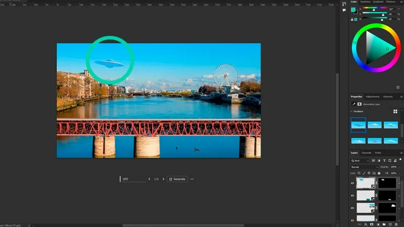 A photo of a river with a bridge and a UFO in the sky in adobe photoshop