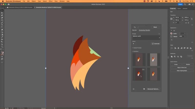 Illustrator artboard showing a stylized fox logo recolored in warm salmon, orange, and pale yellow tones, with the Generative Recolor dialog displaying prompt variations.