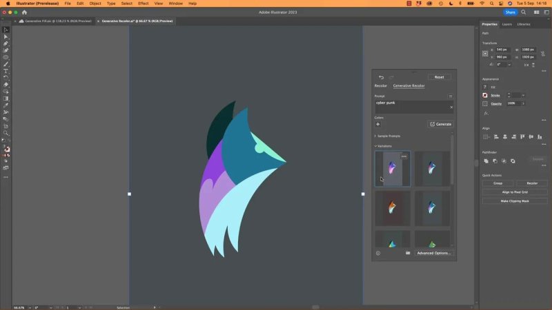 Illustrator workspace displaying the fox mark recolored in cool cyan, teal, and violet shades, with the Generative Recolor modal showing generated cyberpunk color thumbnail options