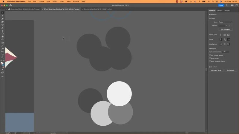Illustrator canvas displaying an organic cloud-like silhouette and an arrangement of overlapping circular swatches shaded in neutral grays, white, and charcoal
