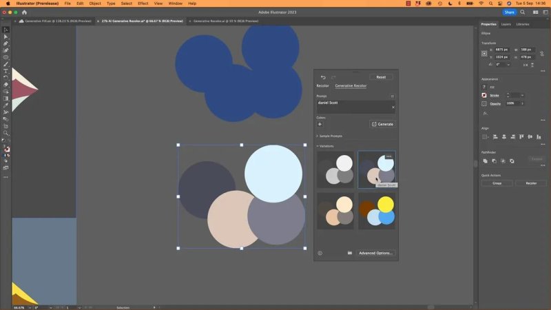 Illustrator interface showing a selected cluster of overlapping circles tinted in soft pastel beige, slate, and light blue, alongside the Generative Recolor panel with four generated thumbnail palettes