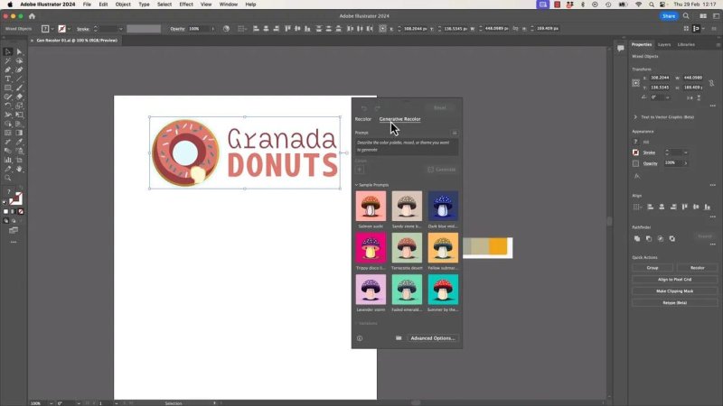 Adobe Illustrator 2024 interface with a donut company logo selected on the artboard, showing the active Generative Recolor panel tab containing preset sample prompts like Salmon sushi and Terracotta desert.