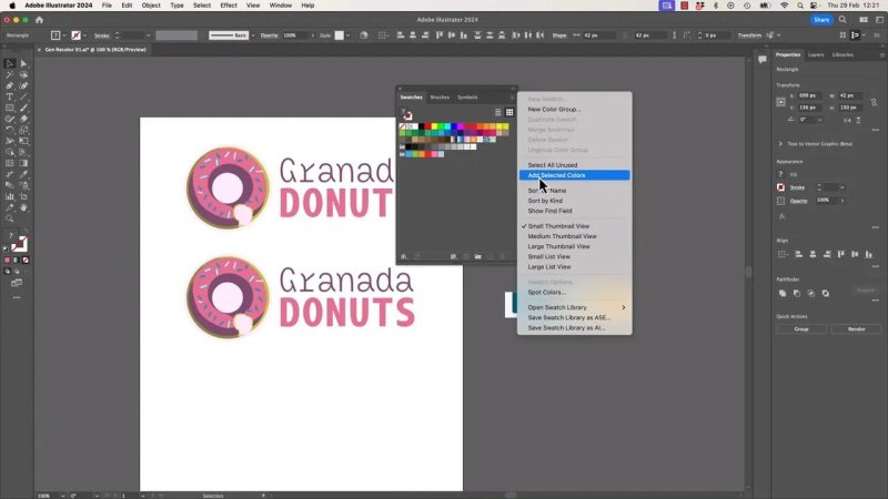 The Generative Recolor panel in Adobe Illustrator showing the custom text prompt muted applied to a logo design, with a contextual color menu open to save the new palette.