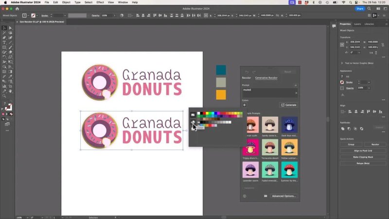 Adobe Illustrator Swatches panel with the options menu open and the cursor hovering over Add Selected Colors to permanently save the AI-generated palette.