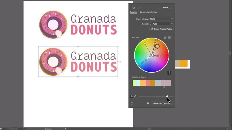 Close-up view of the classic Recolor Artwork panel in Adobe Illustrator, demonstrating how color wheel handles are adjusted to fine-tune an AI-generated pastel palette on a vector logo.
