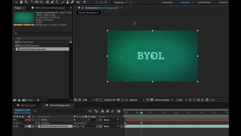 After Effects workspace with the Composition viewer active, revealing the bold white 