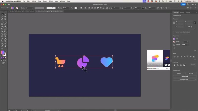 Adobe Illustrator workspace showing three selected independent vector objects (a shopping cart, a pie chart, and a heart) filled with a continuous orange-to-purple-to-blue gradient flowing across them as a single compound path.